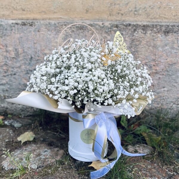 Plīvurpuķe kastē ar koka dekoru